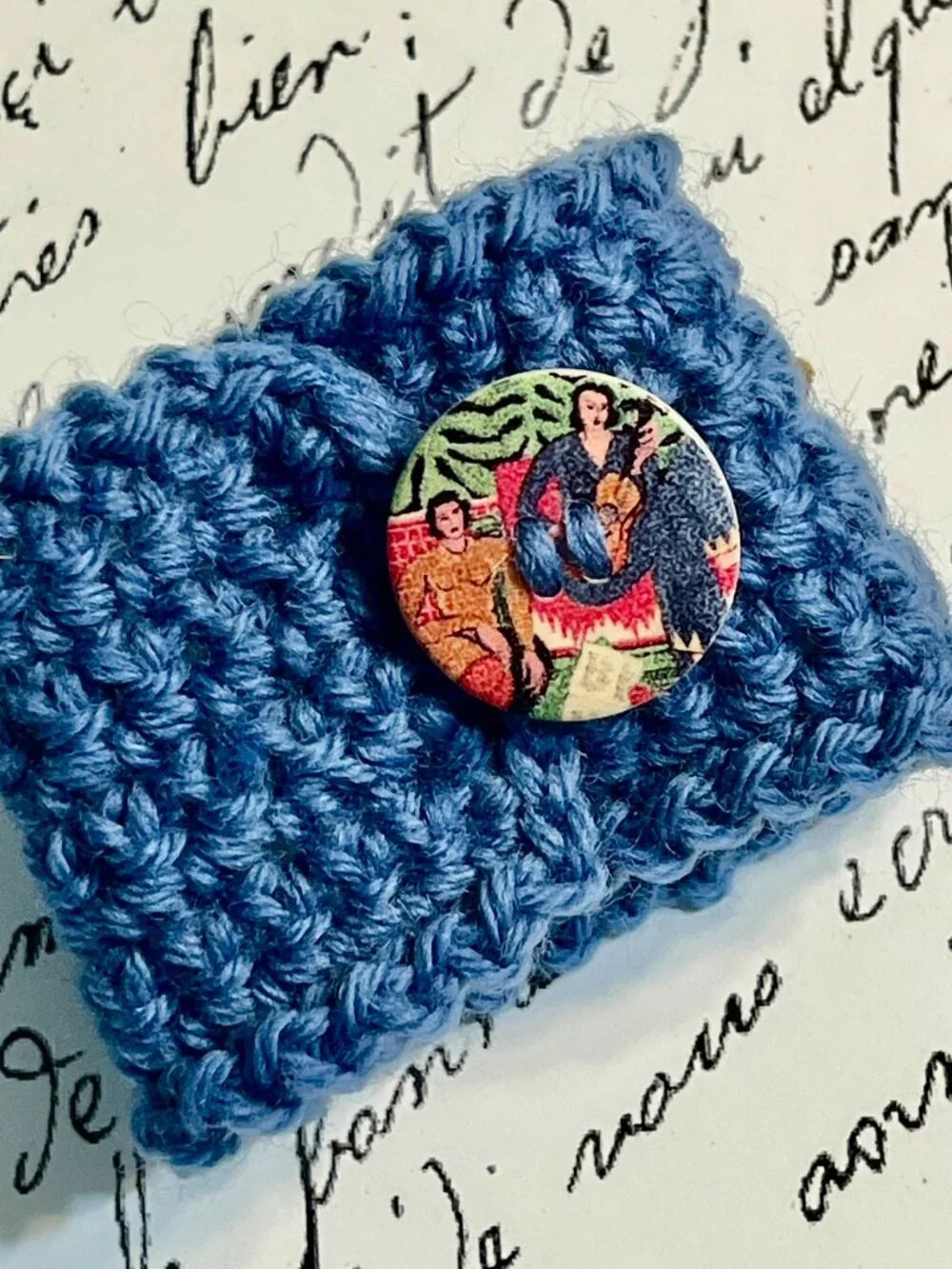Artsy Boho CUFF/BRACELET~Handmade Denim Blue Wool with Vtg Jewel Center Piece
